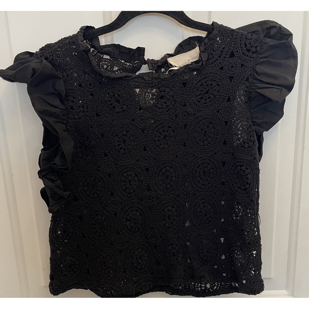 By Design Black Crochet Knit Top Womens M Open Knit Boho Whimsigoth Witchy
